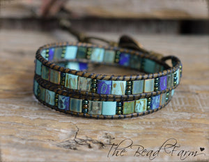 Boho Beaded Leather Wrap Bracelet in Beach Colors- Tile Wraps- The Bead Farm