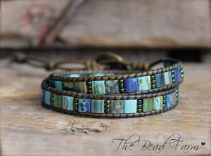 Boho Beaded Leather Wrap Bracelet in Beach Colors- Tile Wraps- The Bead Farm