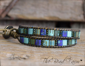 Boho Beaded Leather Wrap Bracelet in Beach Colors- Tile Wraps- The Bead Farm