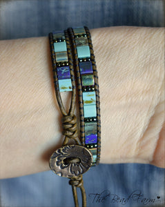 Boho Beaded Leather Wrap Bracelet in Beach Colors- Tile Wraps- The Bead Farm