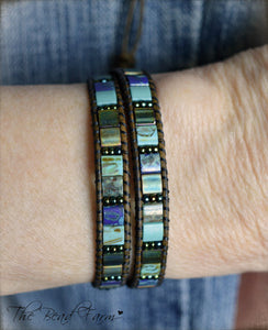 Boho Beaded Leather Wrap Bracelet in Beach Colors- Tile Wraps- The Bead Farm