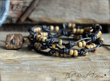 Load image into Gallery viewer, Knotted Leather Triple Wrap Bracelet with Picasso Beads - The Bead Farm
