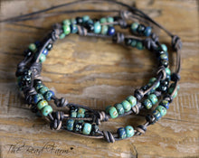 Load image into Gallery viewer, Knotted Leather Triple Wrap Bracelet with Picasso Beads - The Bead Farm
