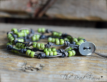 Load image into Gallery viewer, Knotted Leather Triple Wrap Bracelet with Picasso Beads - The Bead Farm
