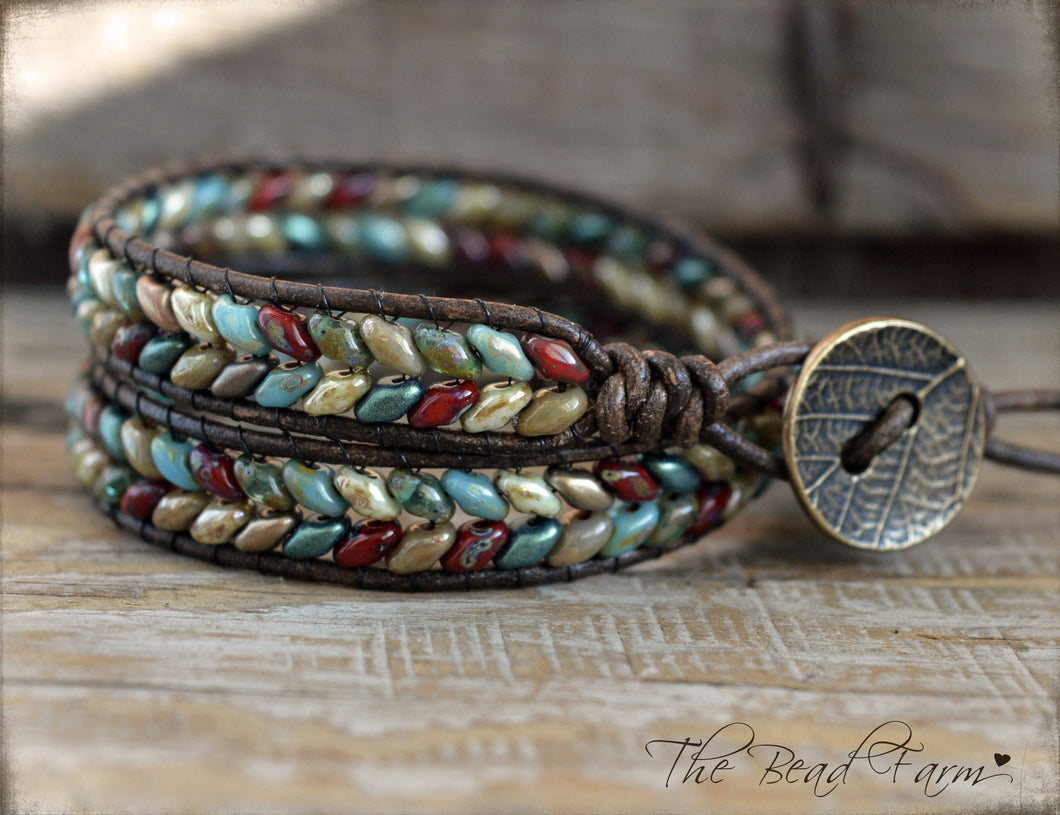 Beaded Leather Wrap Bracelet- Superduo Wraps- The Bead Farm