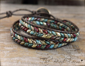 Beaded Leather Wrap Bracelet- Superduo Wraps- The Bead Farm