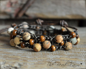 Crocheted Jasper and Wood Bead Triple Wrap Bracelet.  Earth Tones Bracelet