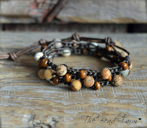 Crocheted Jasper and Wood Bead Triple Wrap Bracelet.  Earth Tones Bracelet