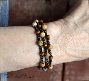 Crocheted Jasper and Wood Bead Triple Wrap Bracelet.  Earth Tones Bracelet