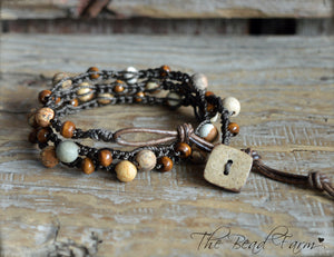 Crocheted Jasper and Wood Bead Triple Wrap Bracelet.  Earth Tones Bracelet