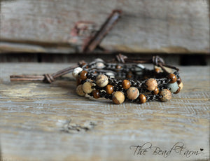 Crocheted Jasper and Wood Bead Triple Wrap Bracelet.  Earth Tones Bracelet