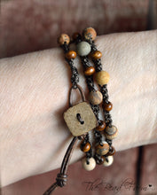 Load image into Gallery viewer, Crocheted Jasper and Wood Bead Triple Wrap Bracelet.  Earth Tones Bracelet
