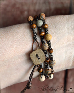 Crocheted Jasper and Wood Bead Triple Wrap Bracelet.  Earth Tones Bracelet